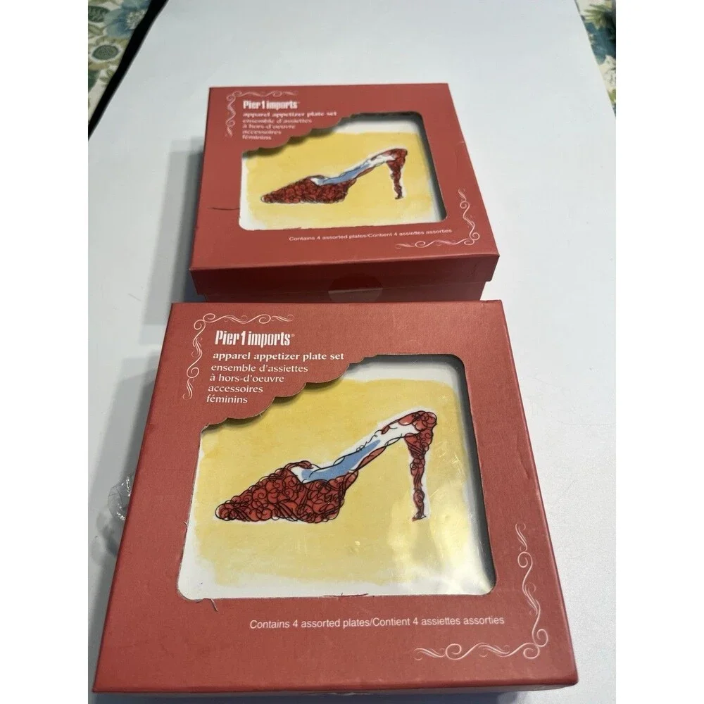 Pier 1 Square Appetizer 6” Plates Featuring Hats, Dress, Shoes & Purse 8pcs